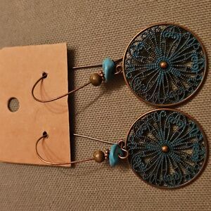 Teal and Bronze Earrings, Beautiful Wheel Shape, New, Never Worn